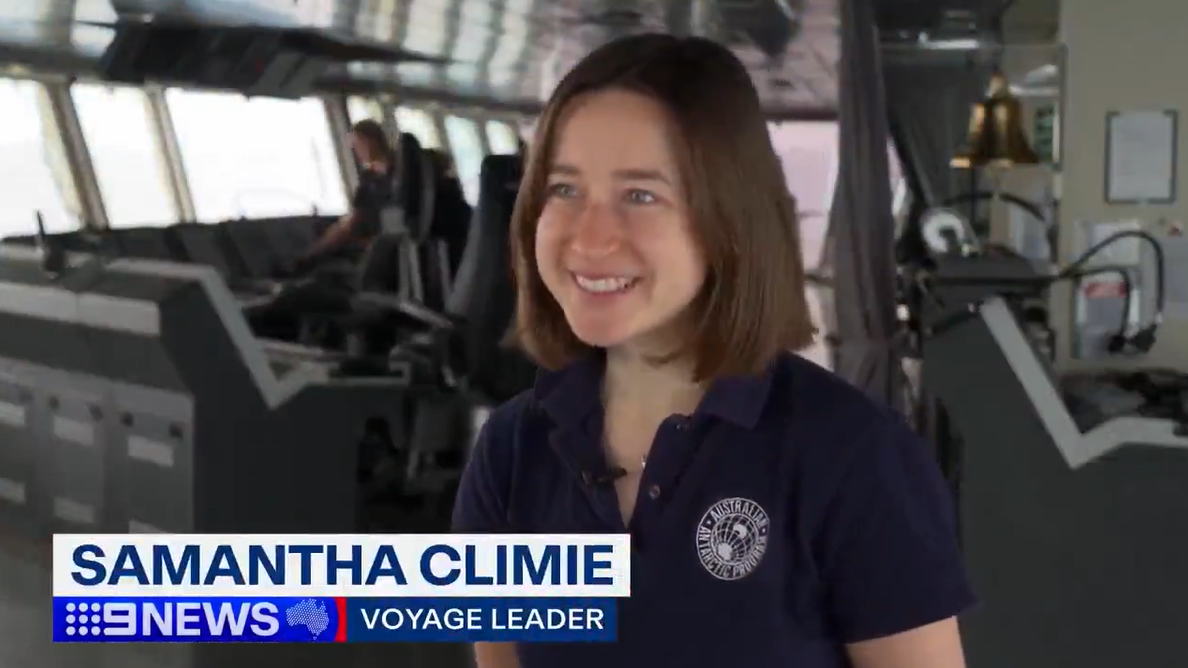 A still image of the start of the news report with Samantha onboard the Nuyina