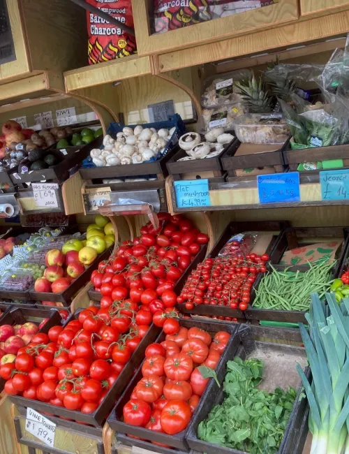 Market stall selling fresh fruit and vegetables