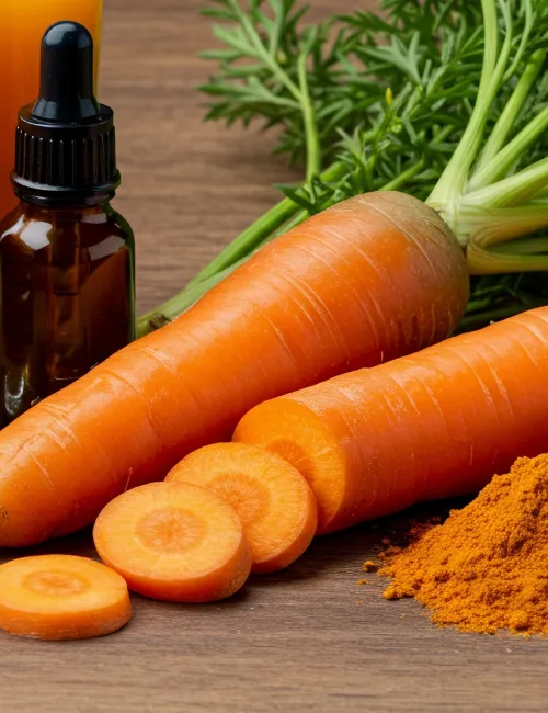 Carrot derivative products placed together featuring juice oils and fresh foliage displayed on wood surface 