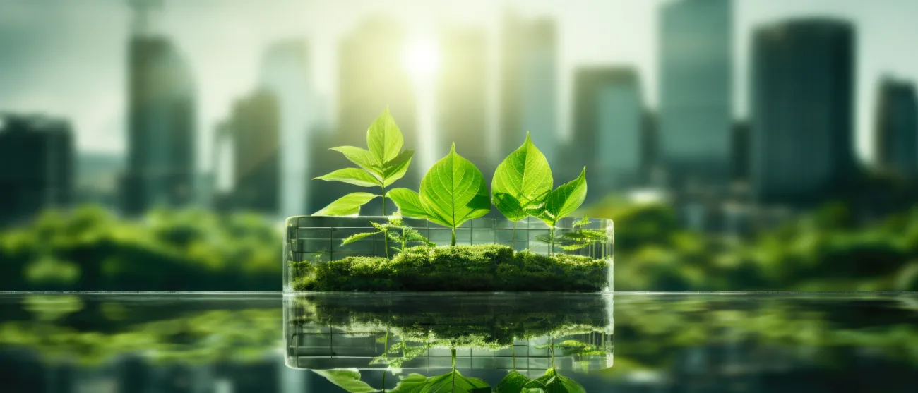 Sustainable glass office building with tree for reducing carbon dioxide