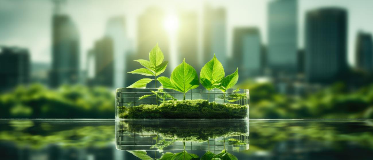 Sustainable glass office building with tree for reducing carbon dioxide