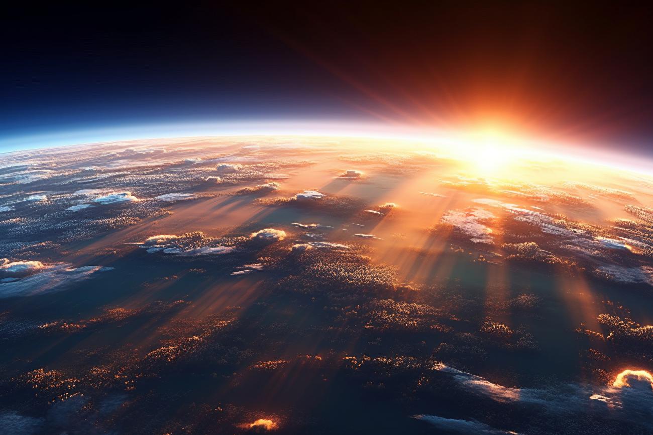 A breathtaking view of sunrise from space as sunrays illuminate the Earth's atmosphere, highlighting the planet's curves against the darkness of space