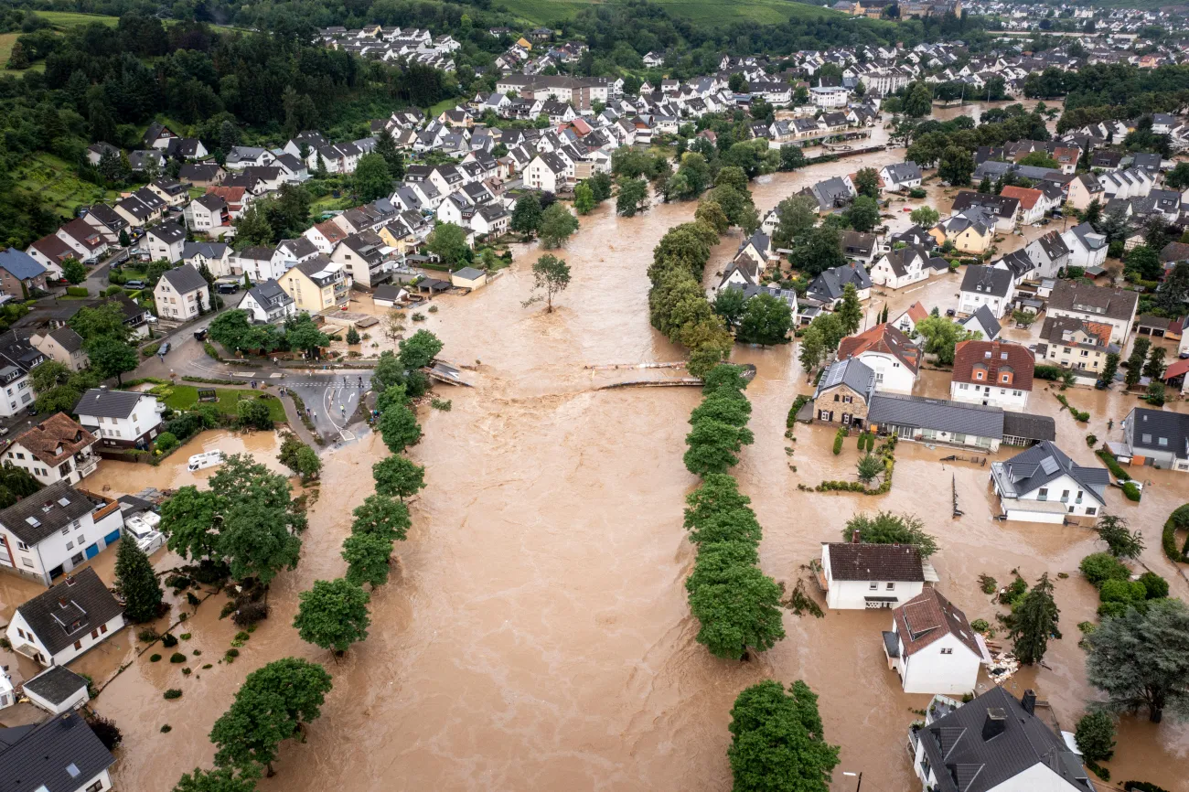 Aerial view of homes flooded in 2021