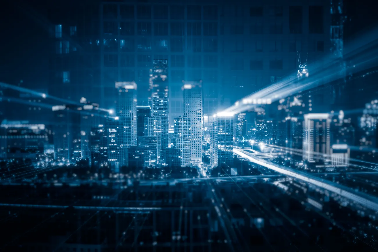 Buildings with light trails linking them