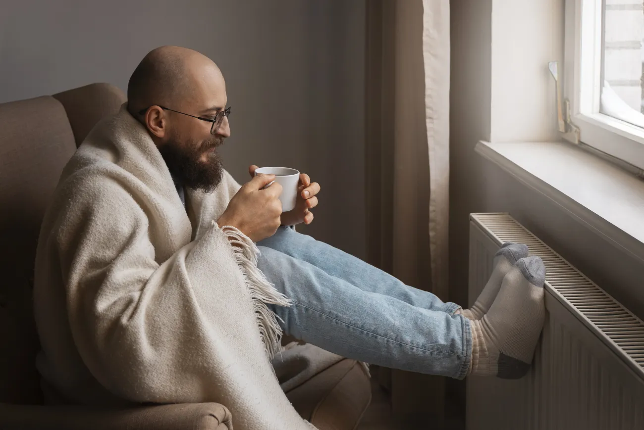Man huddled in blanket drinking hot drink next to radiator 