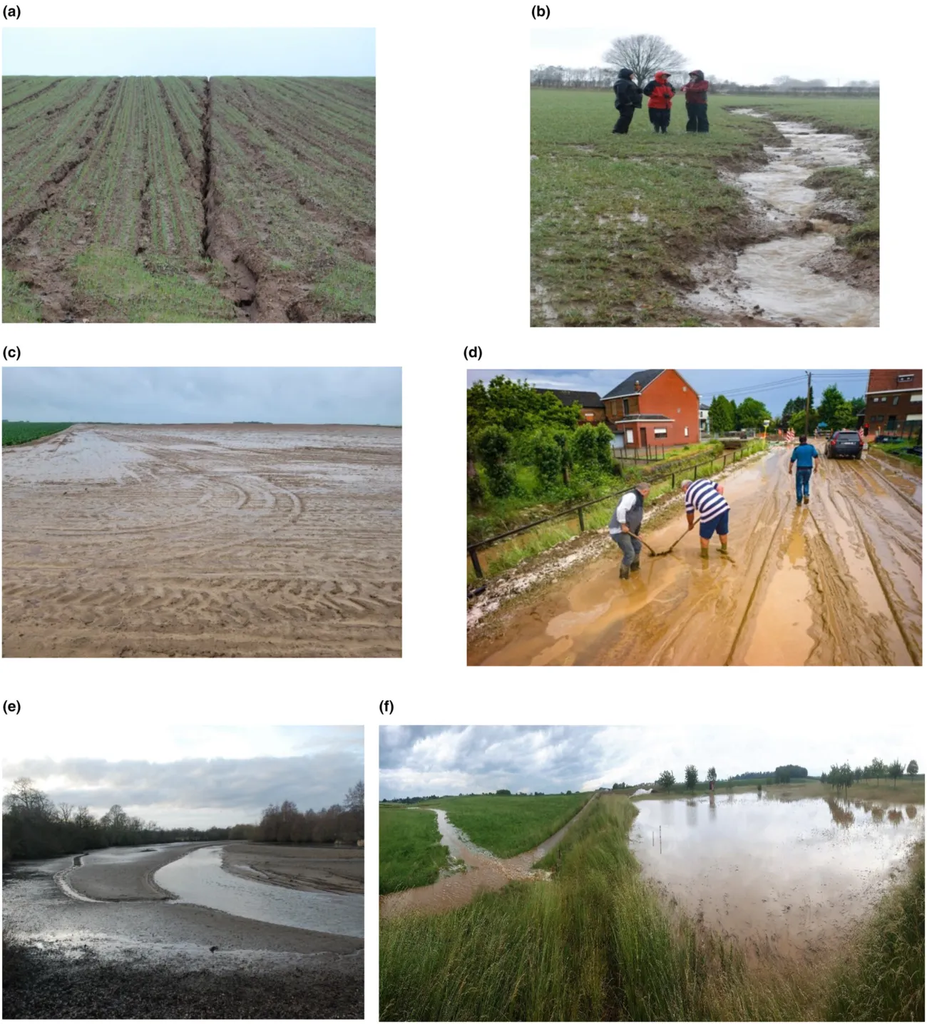 Gallery of images showing different types of soil erosion including in fields and in roads near houses