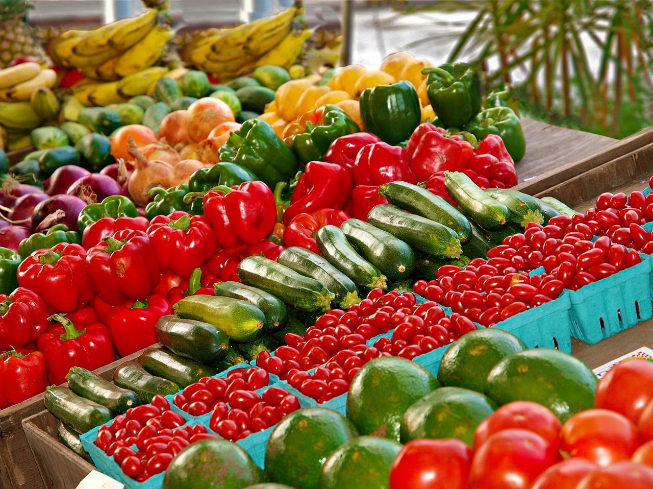 Rows of fresh vegetables on a stall