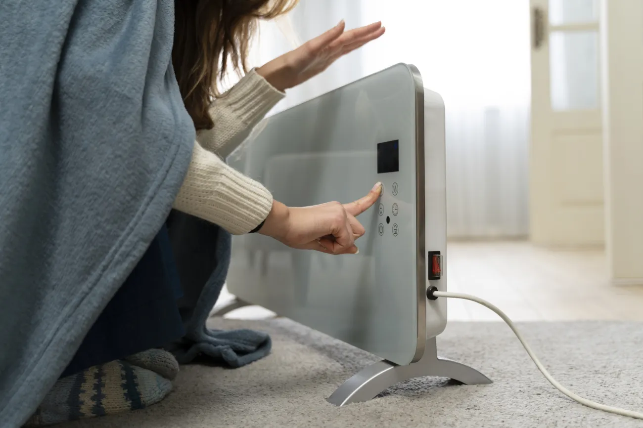 Woman switching heater on at home
