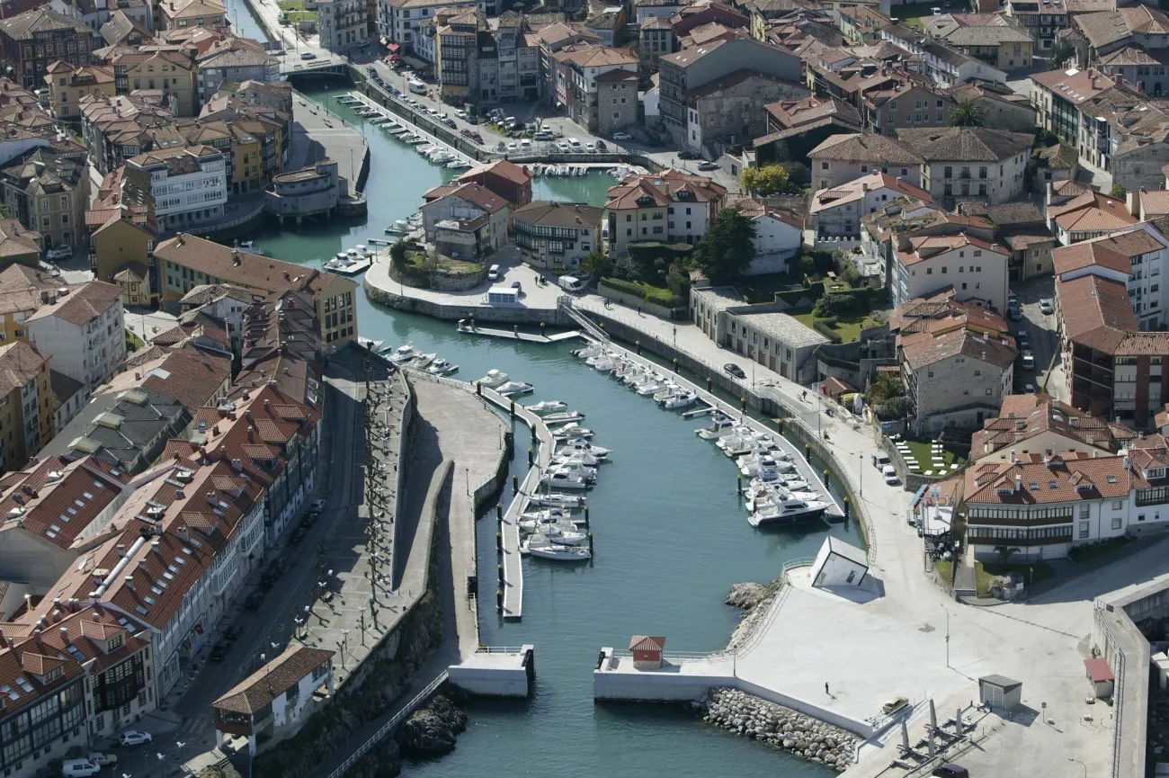 Spain, Asturias: aerial view of the village and the harbour of Llanes by the Cantabrian Sea