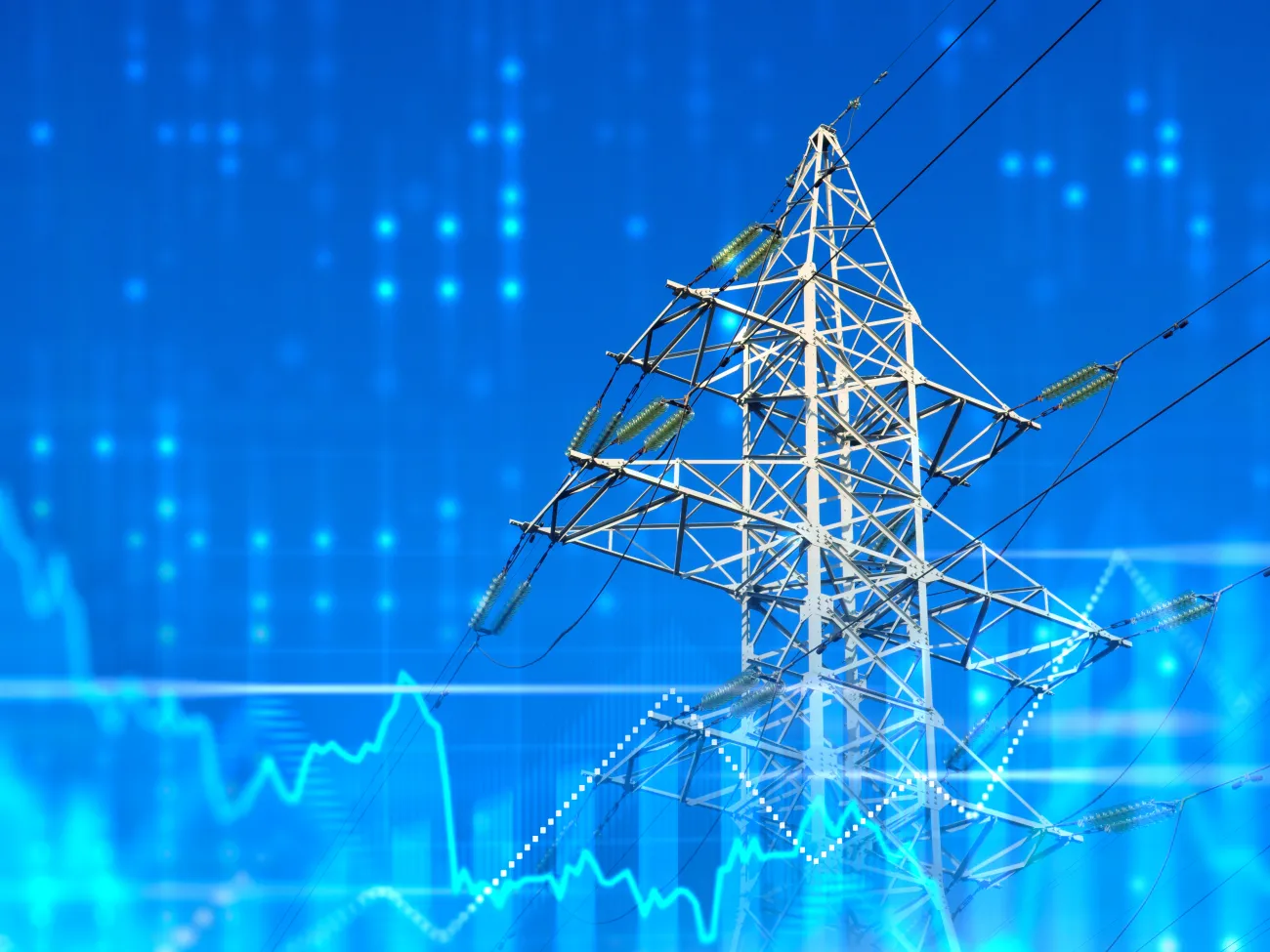 High voltage power line under blue sky.