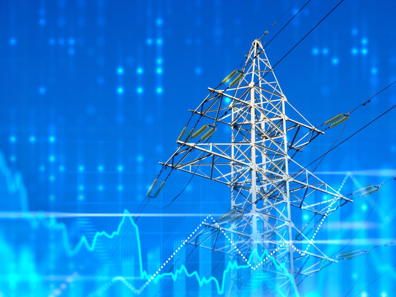 High voltage power line under blue sky.