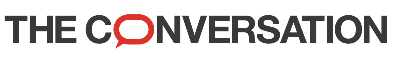 The Conversation logo - their name written in black text with a red speech bubble to represent the O of Conversation