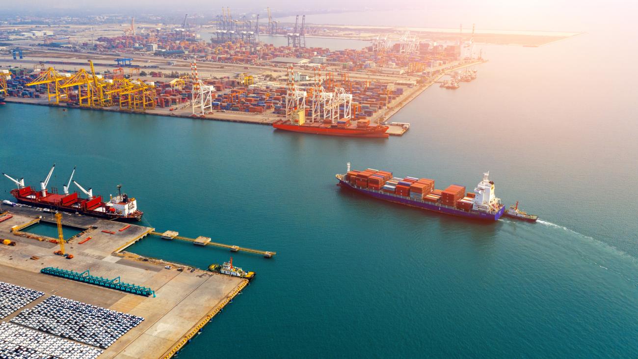 Aerial view of container cargo ship in the sea.