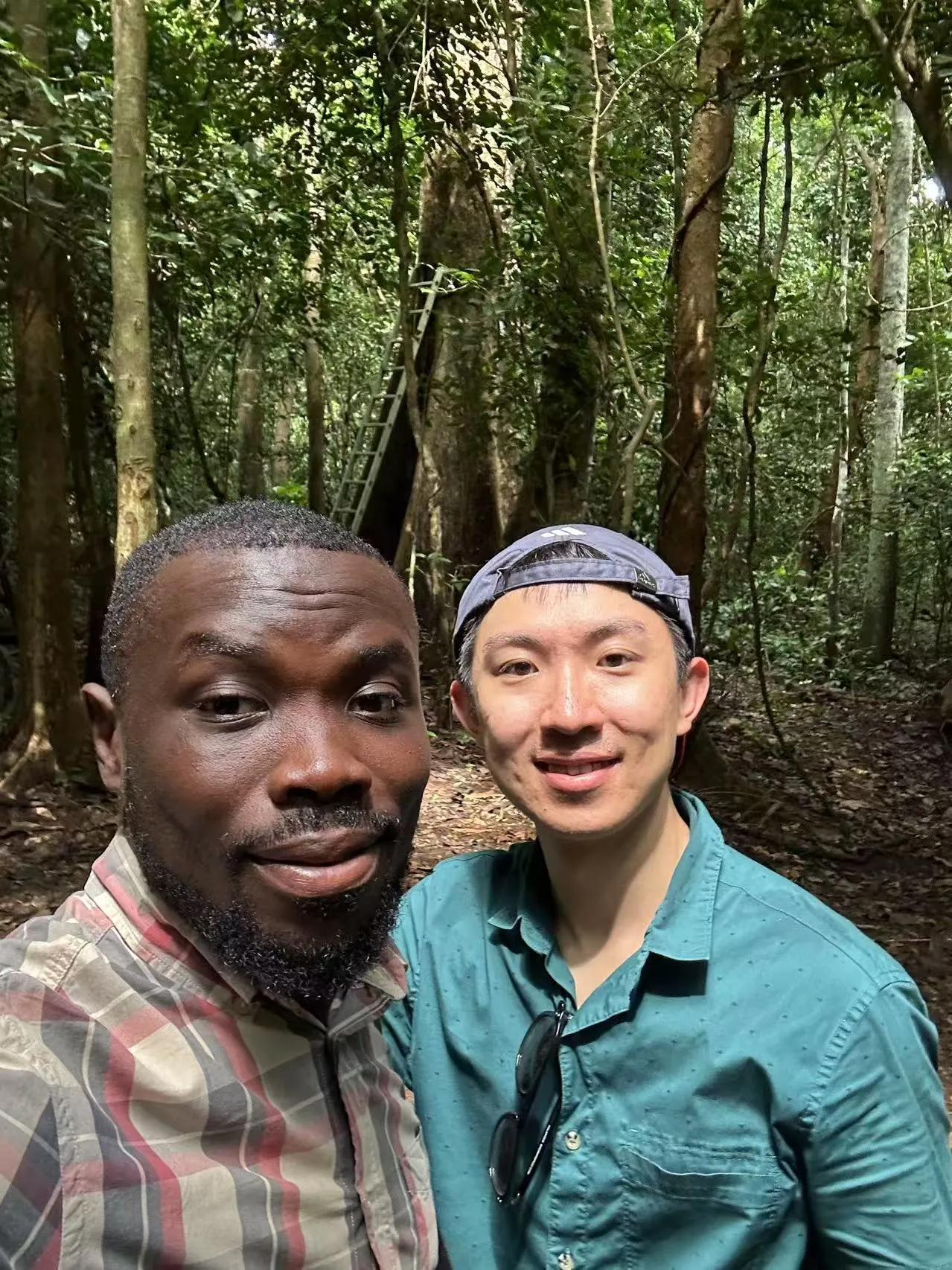 Two members of the research team stood under the trees in the forest