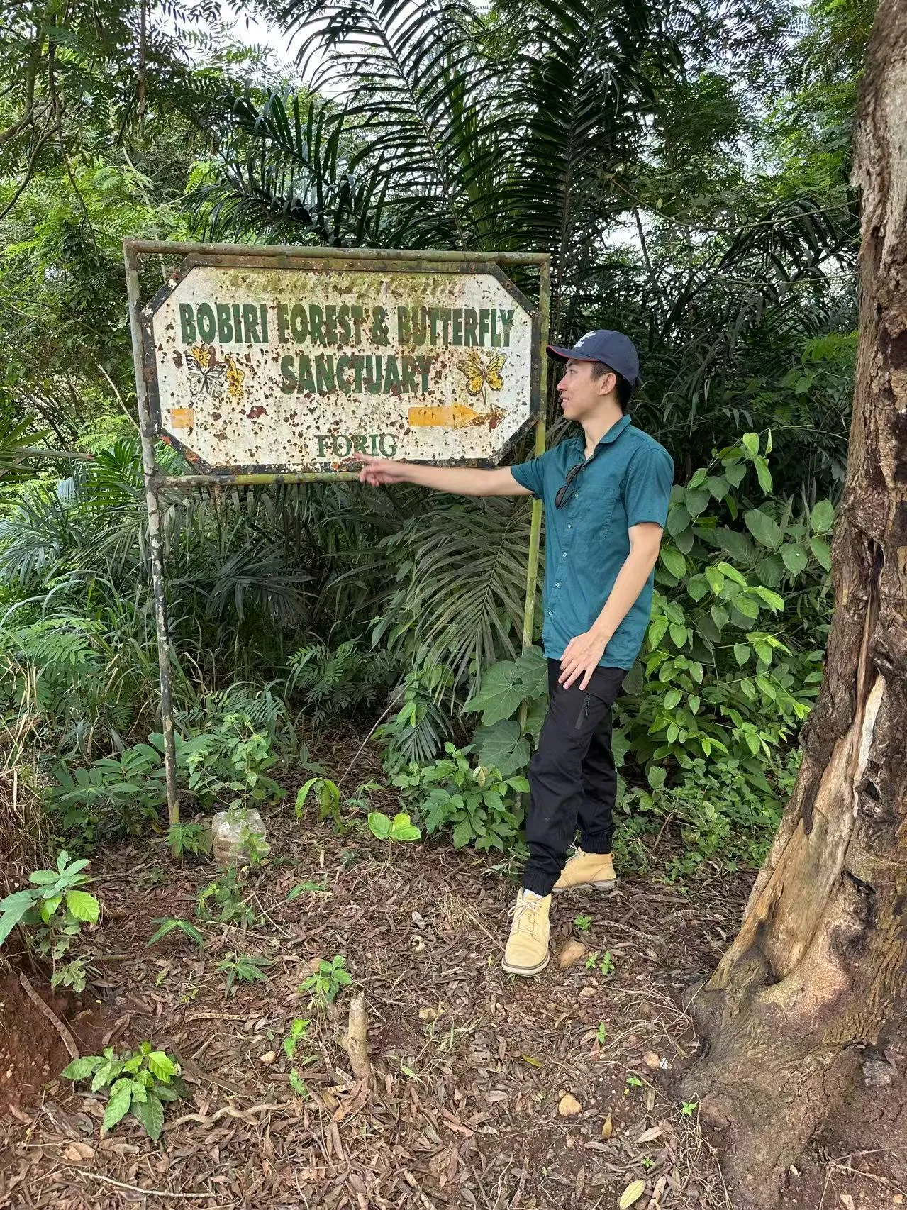 Dr Huanyuan Zhang-Zheng stood at a sign at the entrance of Bobiri Forest Reserve, Ghana