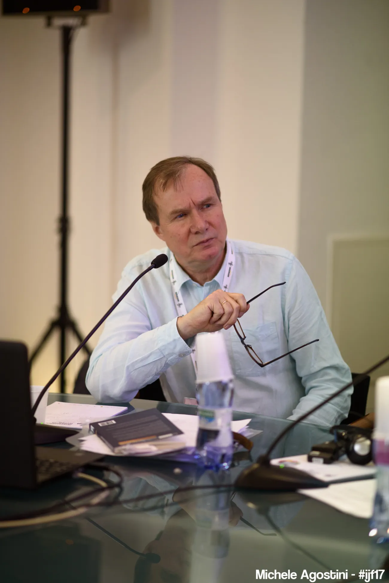 Dr James Painter behind the microphone at the International Journalism Festival in 2017