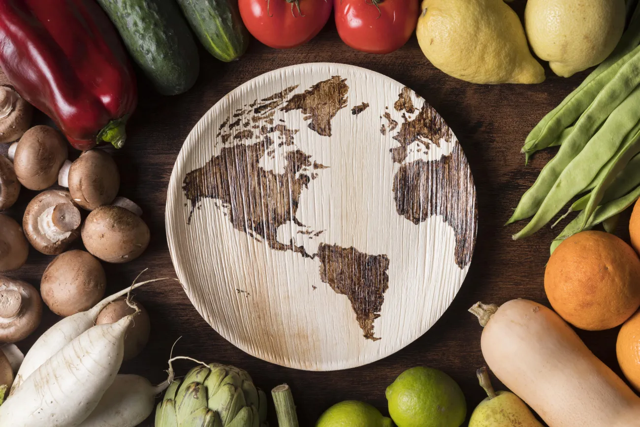 Aerial view of vegetables arranged around a plate with a global map image on it