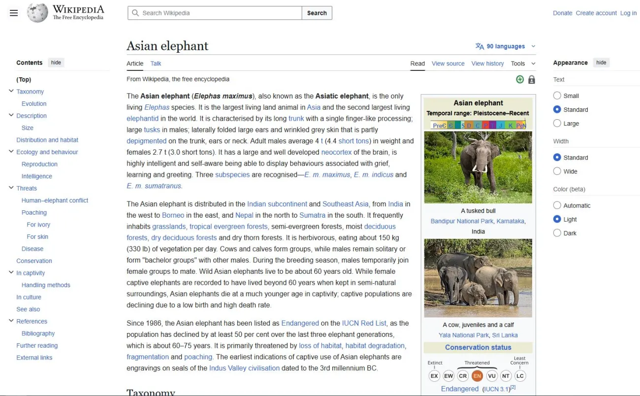 A wikipedia page showing search results for Asian Elephant