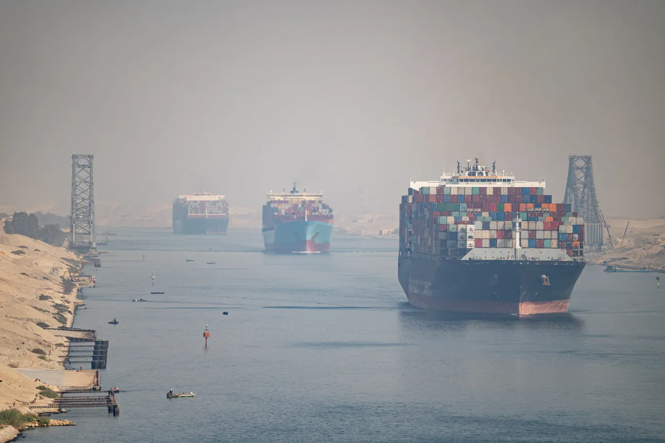 Many cargo ships navigating the Suez Canal, Egypt. 