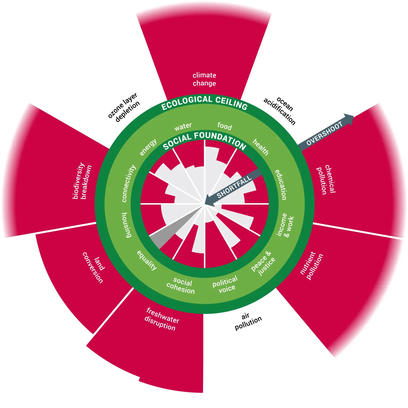 A graphic showing the social foundations and ecological ceilings that make up the doughnut