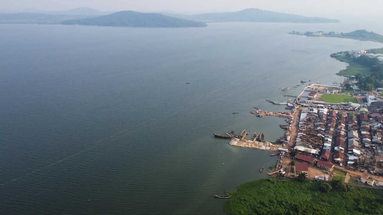 Aerial view of a fishing village on the vast Lake Victoria shoreline