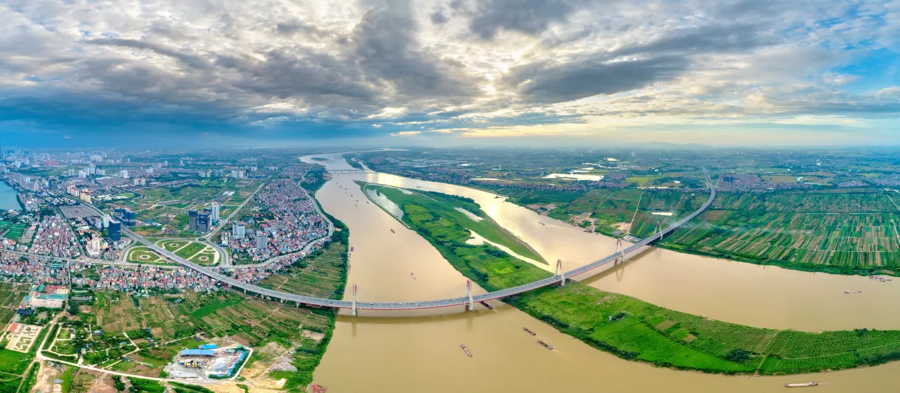 Aerial view of Nhat Tan bridge in Ha Noi, Vietnam. Nhat Tan Bridge is a bridge crossing the Red River. Panorama