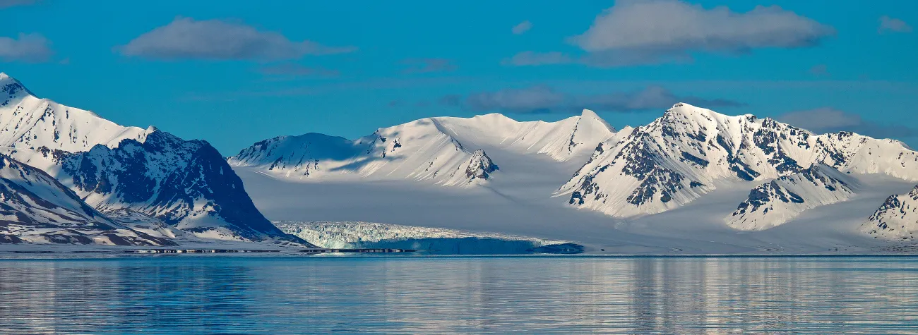 Glacier and Snowcapped Mountains, Oscar II Land, Arctic, Spitsbergen, Svalbard, Norway