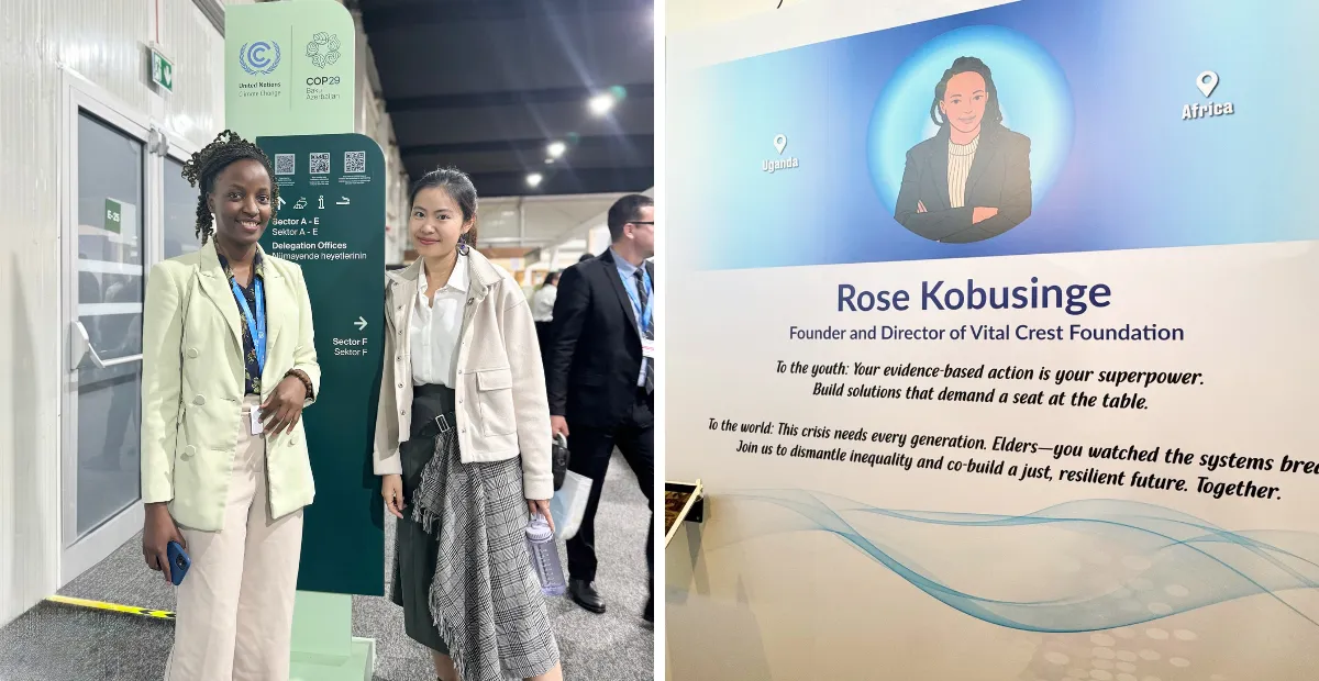 Two images; one of Natalie meeting Rose at COP29 and also Rose's story as captured in the exhibition