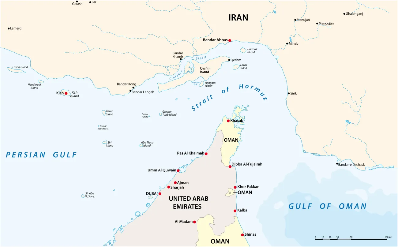 Graphic vector map of Strait of Hormuz, Iran, Oman
