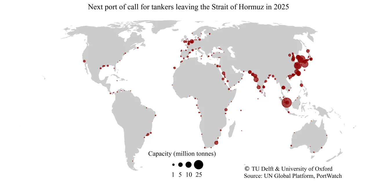 Graphic of a map showing the next port of call for tankers leaving the Strait of Hormuz in 2025
