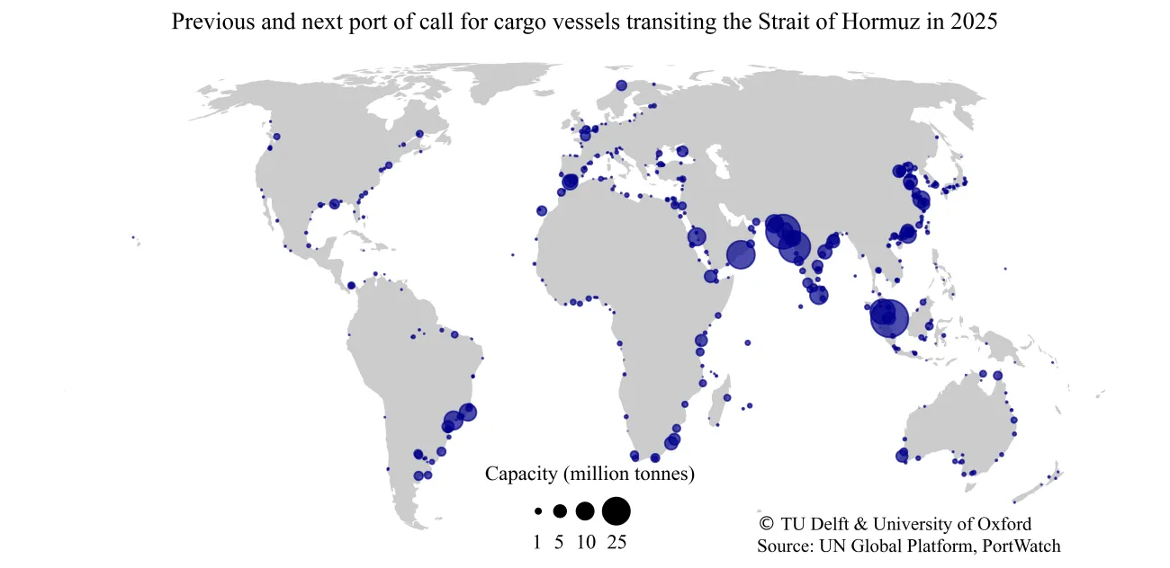 Graphic of a map showing previous and next port of call for cargo vessels transiting the Strait of Hormuz 2025