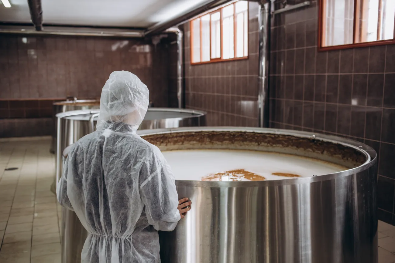 A brewer facing away and looking into a round vat of liquid, controlling beer fermentation process at a craft beer factory