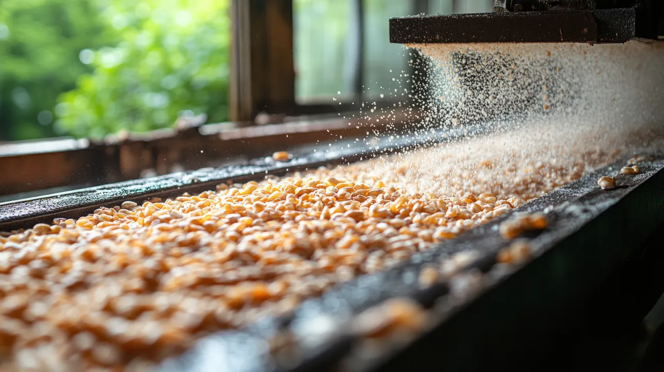 Grains and seeds being processed on a high-speed conveyor belt in a modern agricultural food factory