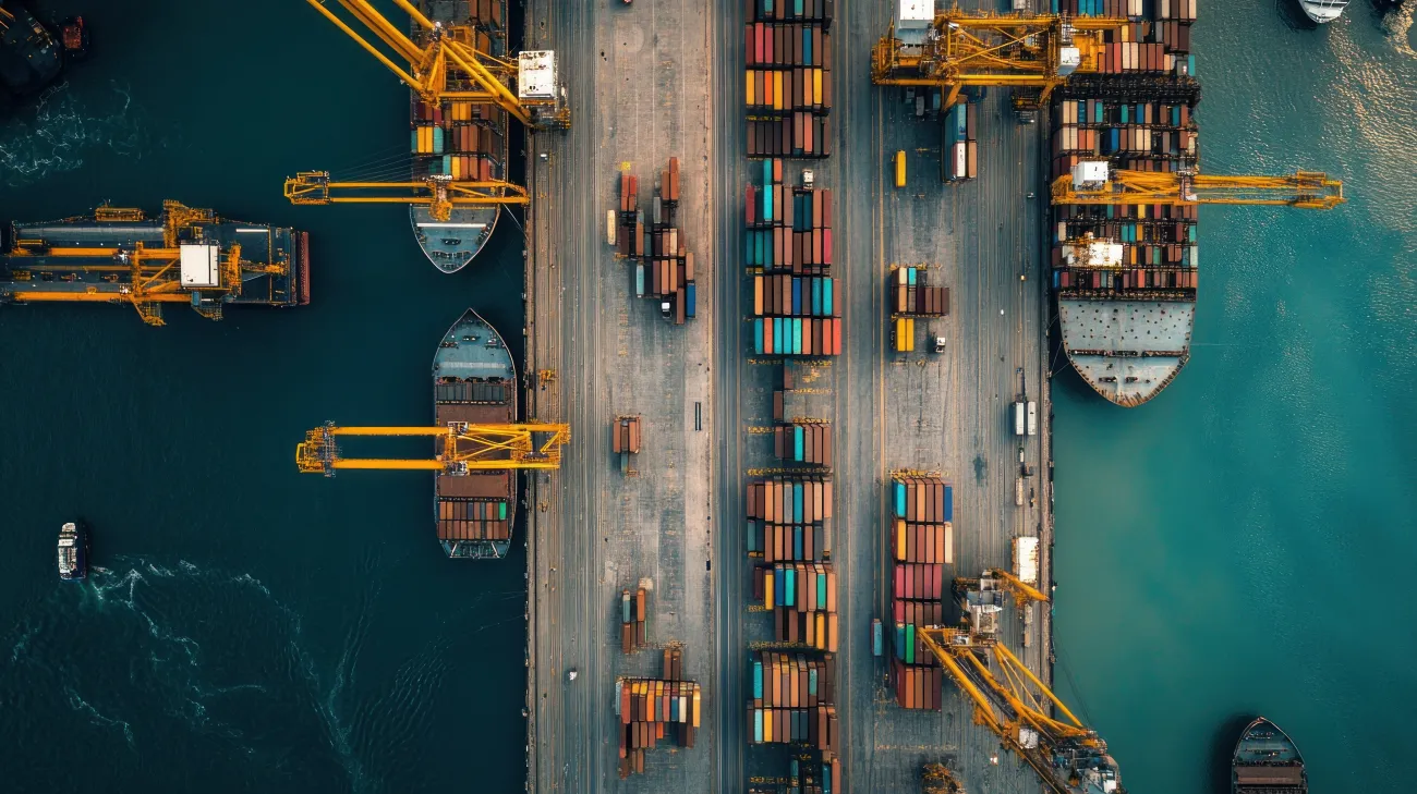 Aerial view of a busy port with cranes and shipping containers