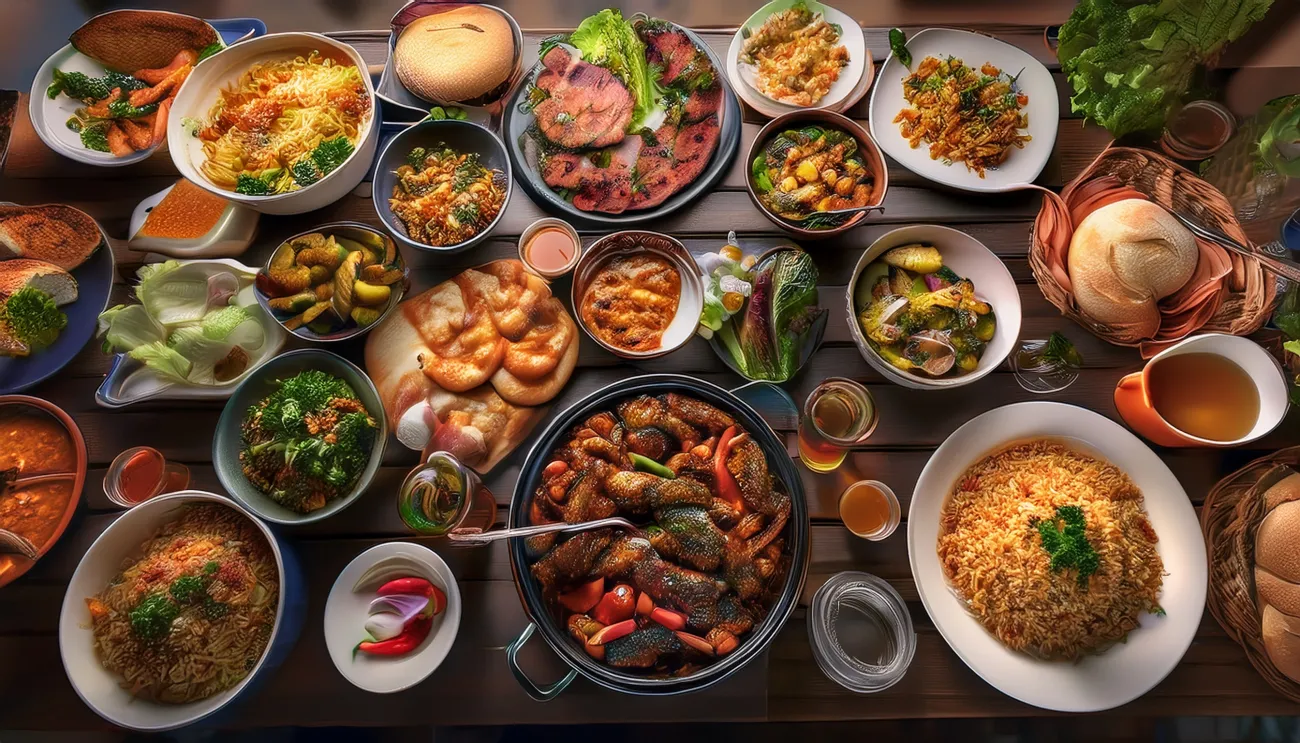 Dishes from around the world laid out for a group gathering
