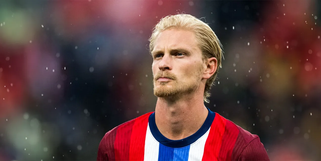 Footballer Morten Thorsby in his football kit on the pitch