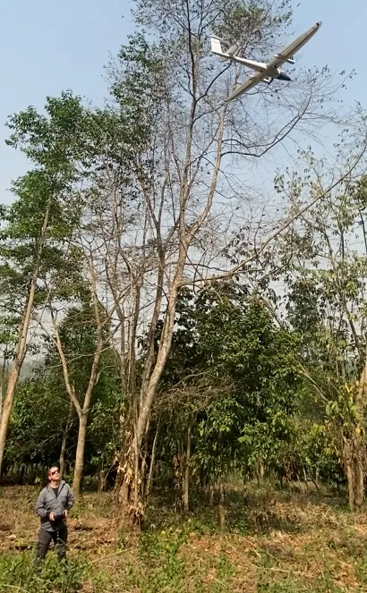 A drone landing in Ghana moist tropical forests, being piloted by Jesús Aguirre Gutiérrez.