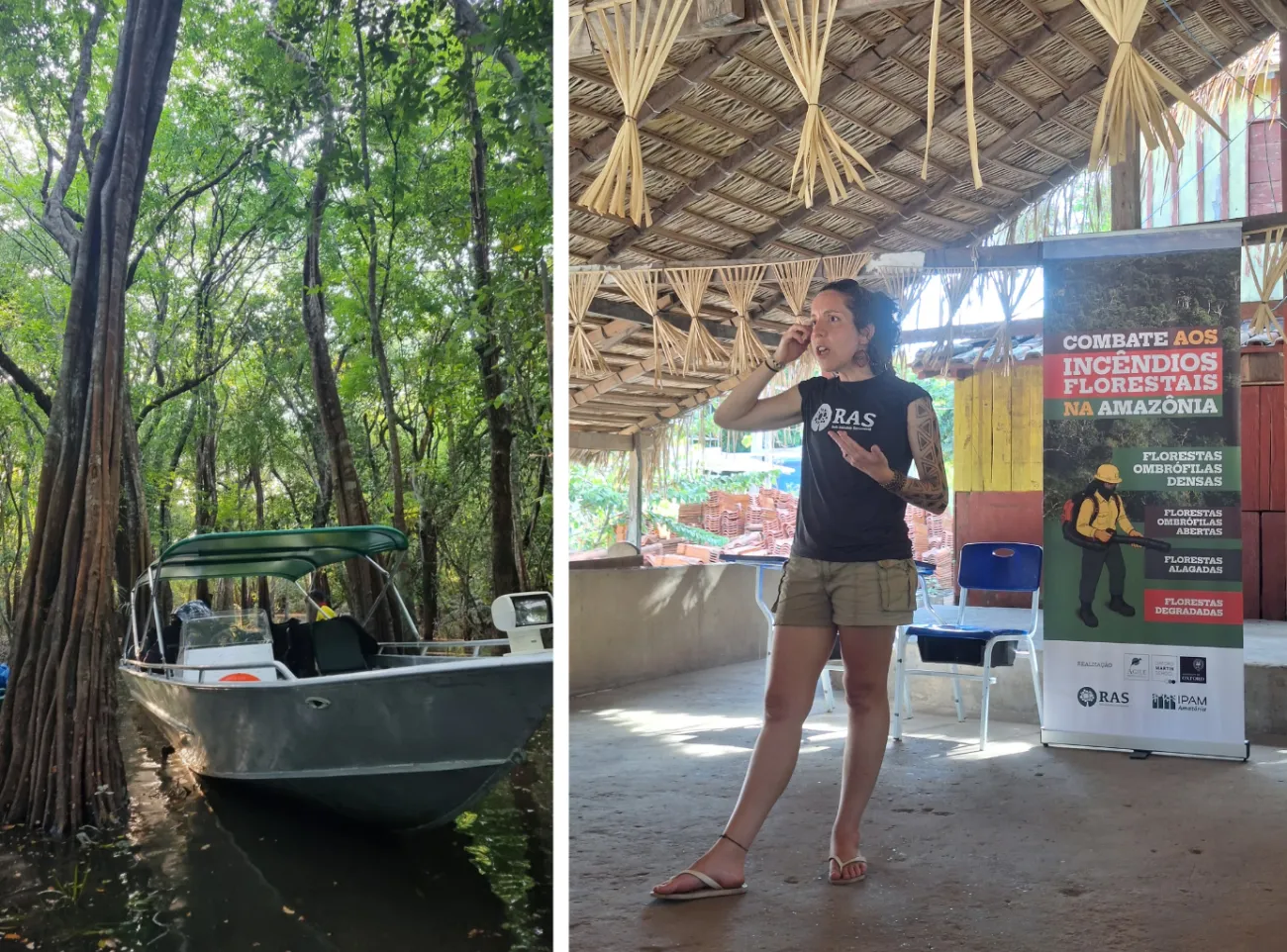 Two images. One of smaller boat on water to reach an area. Another of Erika standing and giving talk.