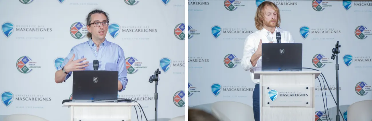 Two images of speakers at the podium