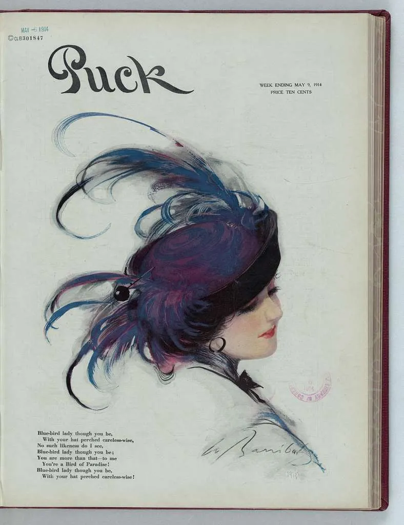 1914 illustration of a woman wearing a large feathered hat